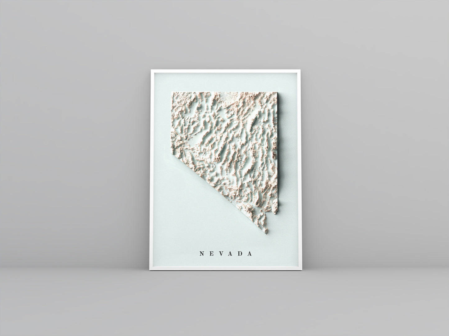 Nevada (USA) framed shaded relief map in white frame. Artistic print highlighting mountains with a realistic 3d effect