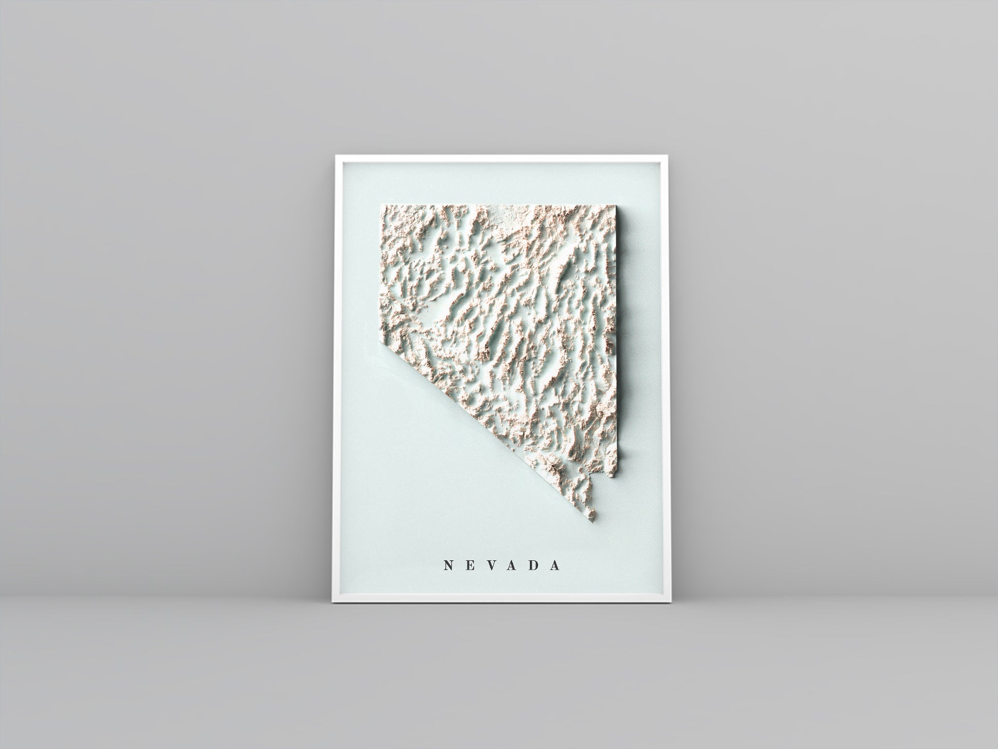 Nevada (USA) framed shaded relief map in white frame. Artistic print highlighting mountains with a realistic 3d effect