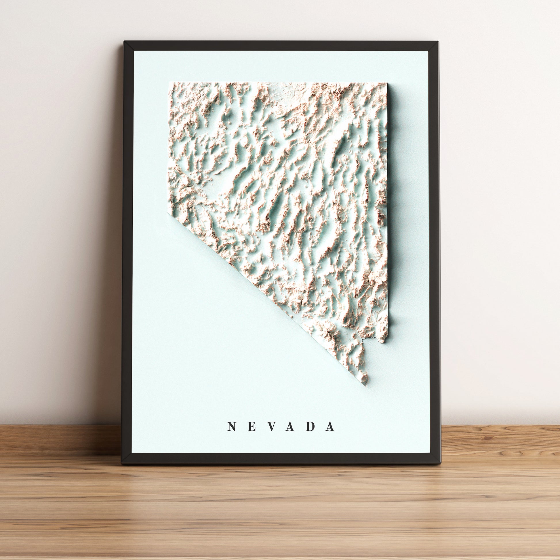Nevada (USA) framed shaded relief map in black frame. Artistic print highlighting mountains with a realistic terrain effect