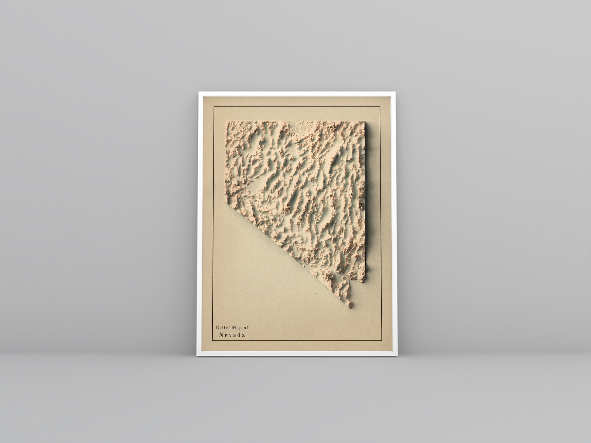 Nevada (USA) vintage framed shaded relief map in white frame. Artistic print highlighting mountains with a realistic 3d effect