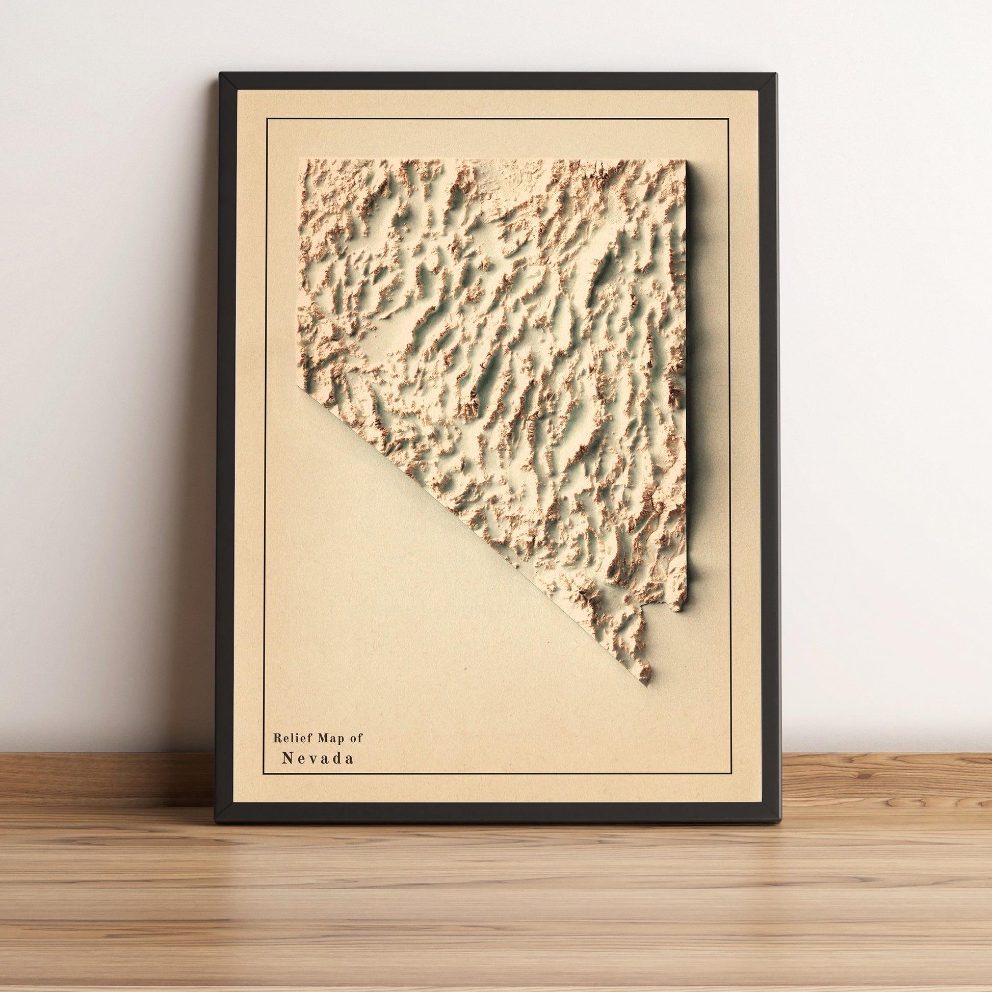 Nevada (USA) vintage framed shaded relief map in black frame. Artistic print highlighting mountains with a realistic terrain effect