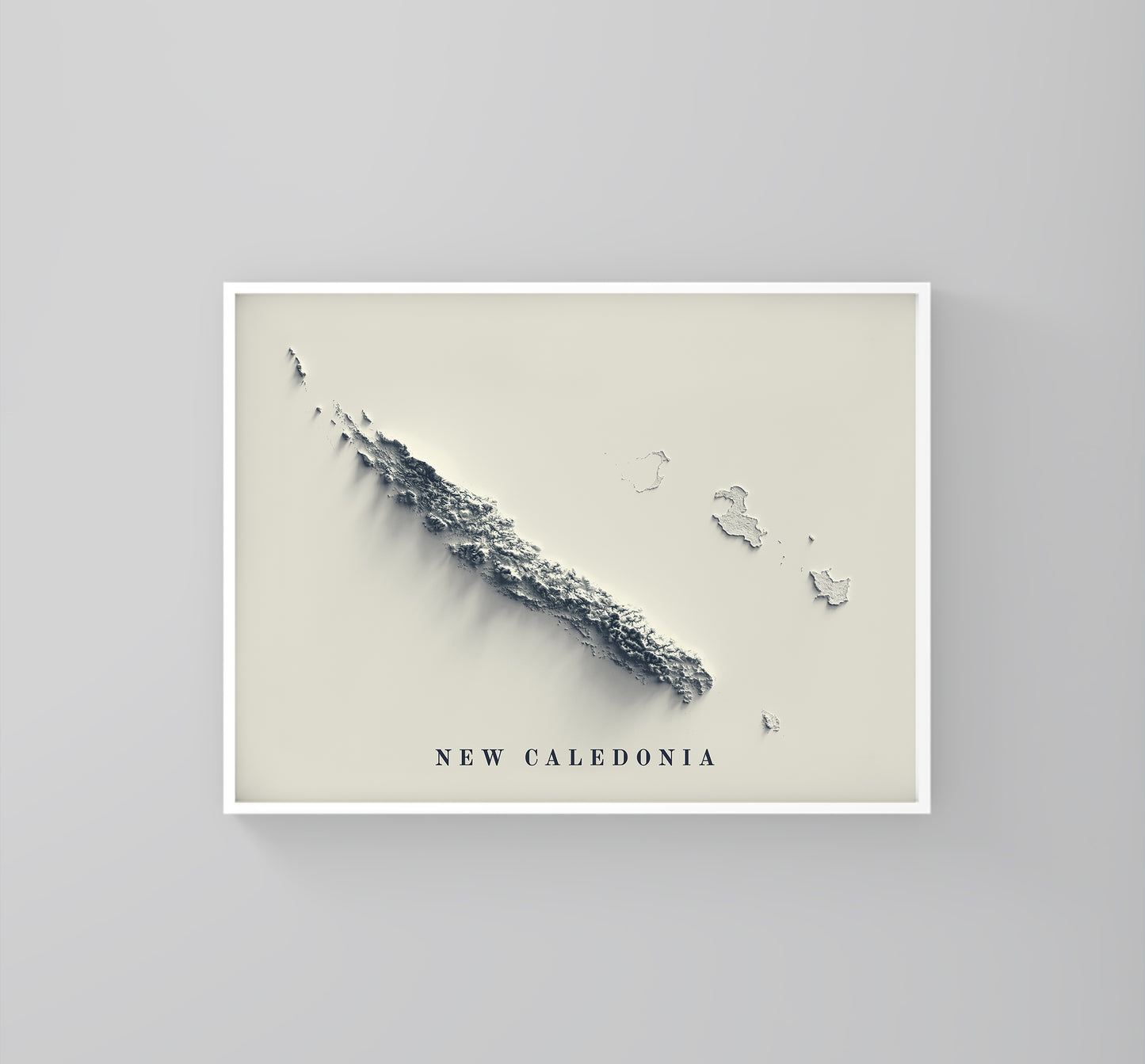 New Caledonia vintage framed shaded relief map in white frame. Artistic print highlighting mountains with a realistic 3d effect