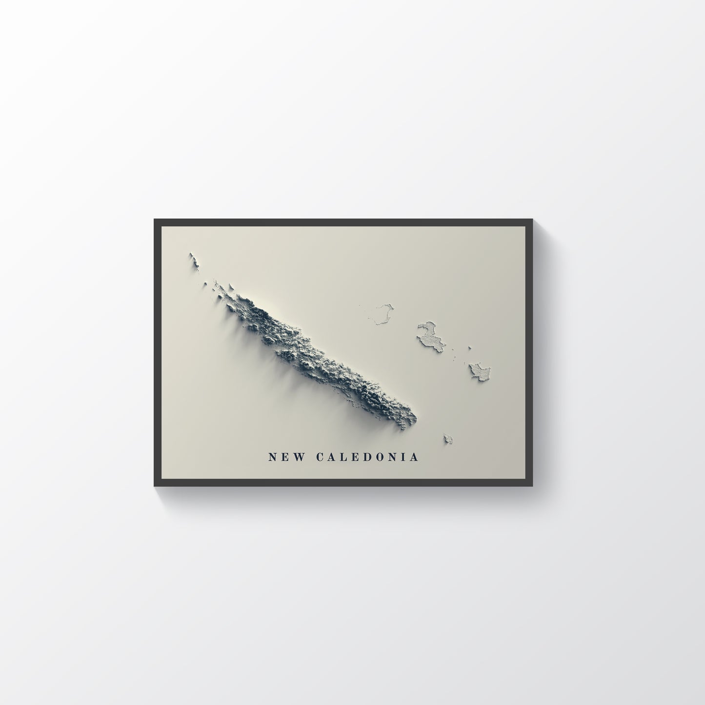 New Caledonia vintage framed shaded relief map in black frame. Artistic print highlighting mountains with a realistic terrain effect