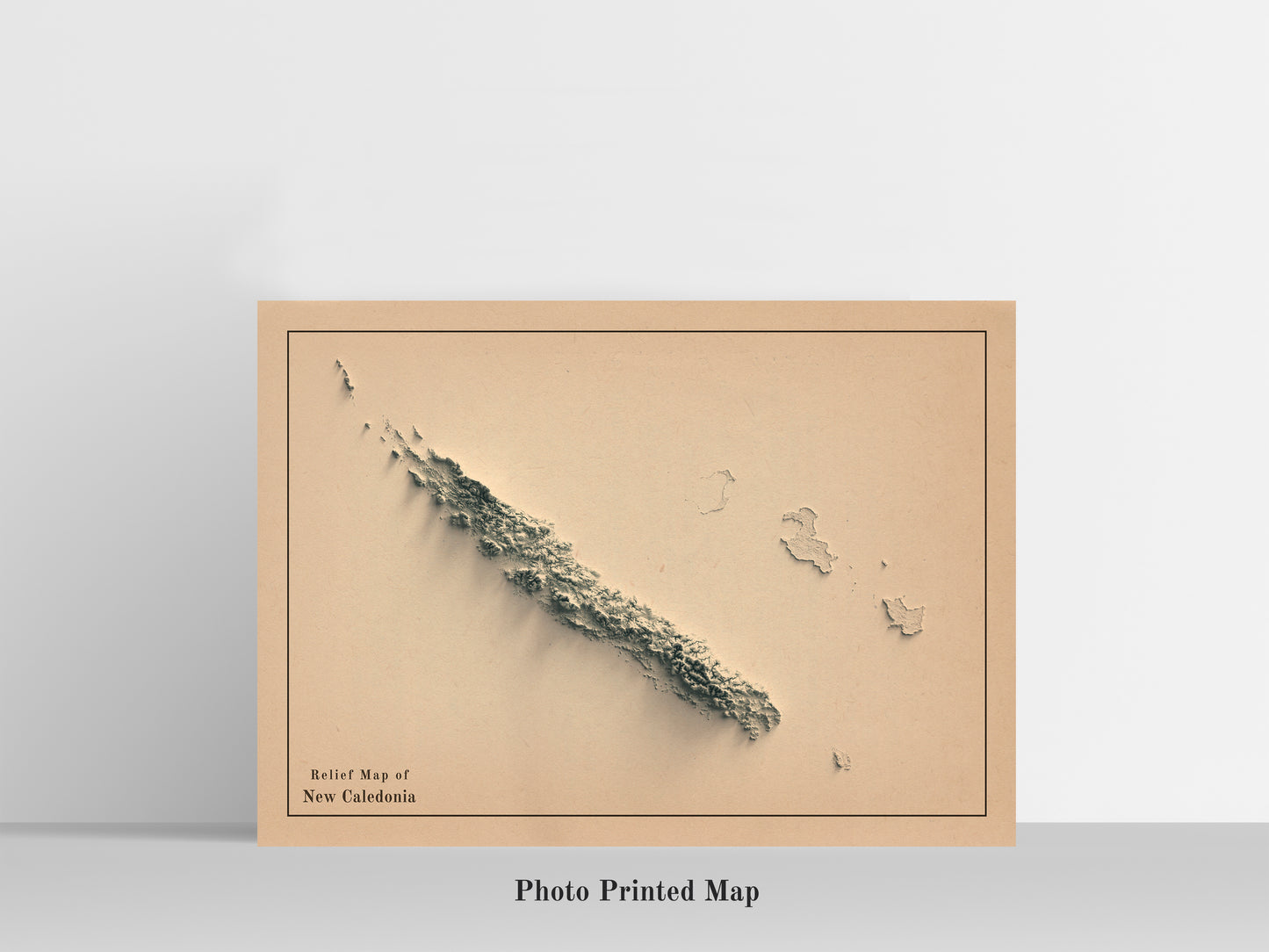 New Caledonia Shaded relief map print, highlighting topography. Ideal for home decor and geography lovers