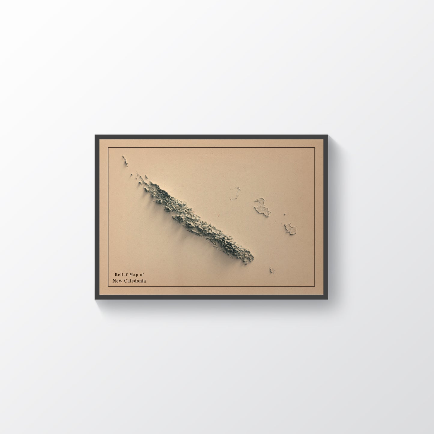 New Caledonia vintage framed shaded relief map in black frame. Artistic print highlighting mountains with a realistic terrain effect