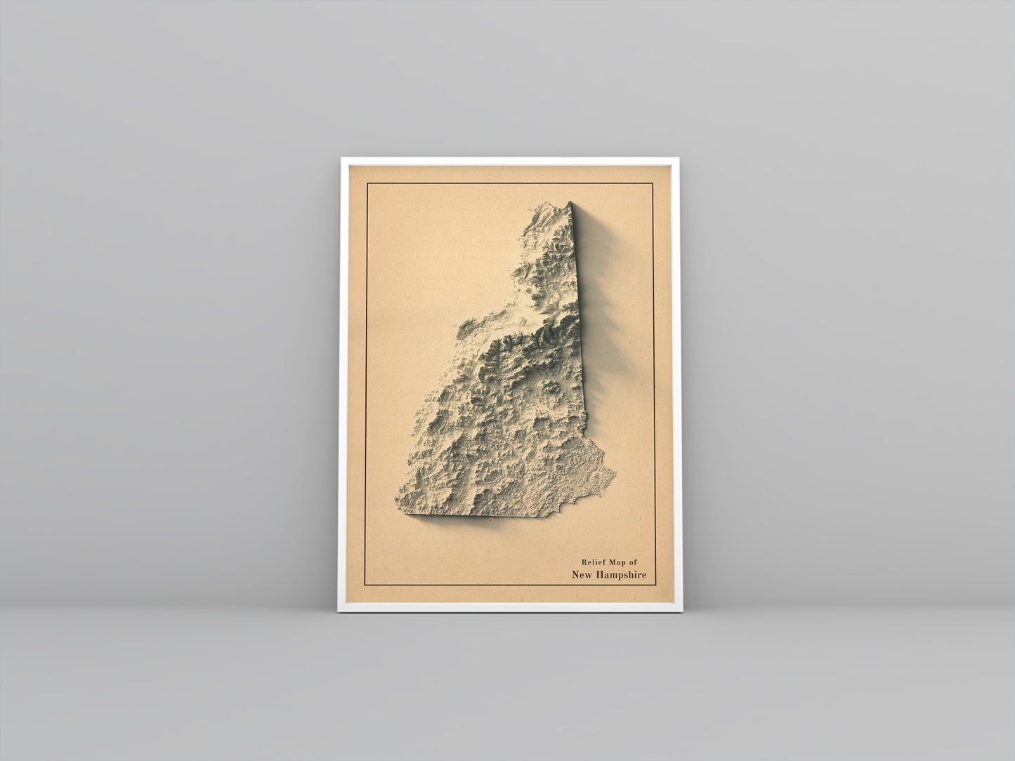 New Hampshire (USA) vintage framed shaded relief map in white frame. Artistic print highlighting mountains with a realistic 3d effect