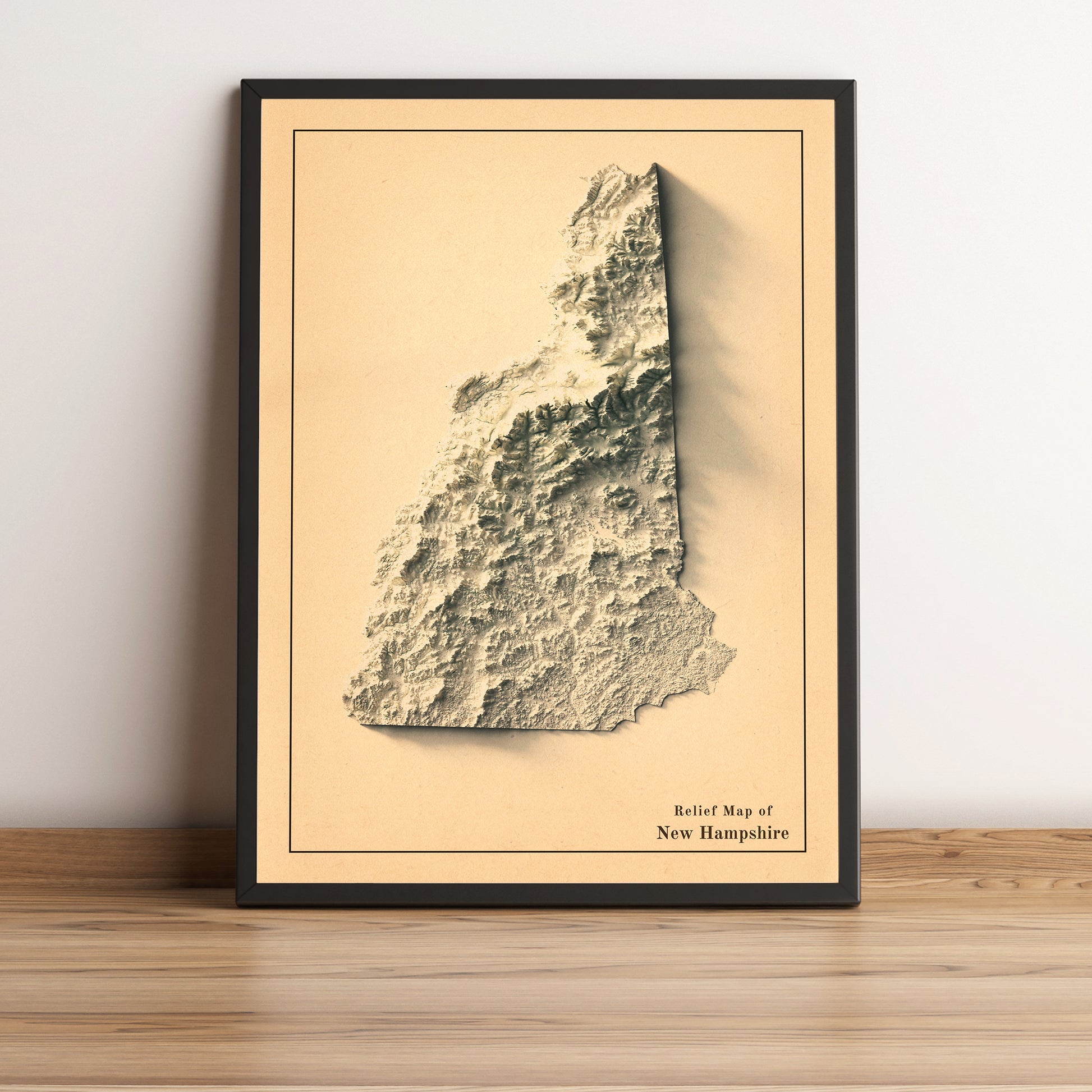 New Hampshire (USA) vintage framed shaded relief map in black frame. Artistic print highlighting mountains with a realistic terrain effect