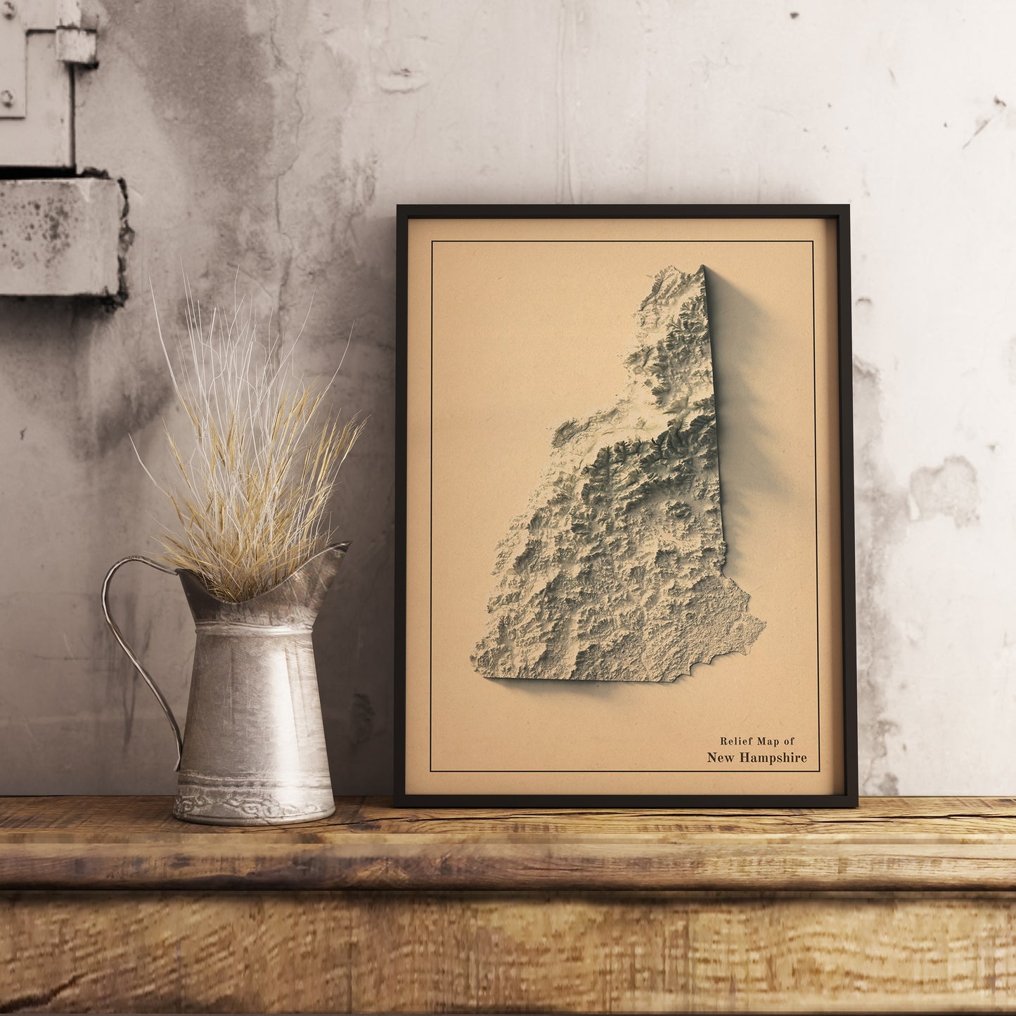 Vintage New Hampshire (USA) shaded relief map in black frame. Realistic terrain art print for home decor, displayed on rustic wooden table