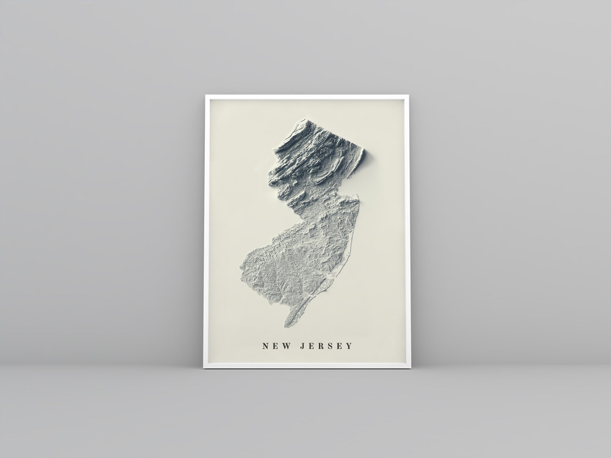 New Jersey (USA) framed shaded relief map in white frame. Artistic print highlighting mountains with a realistic 3d effect