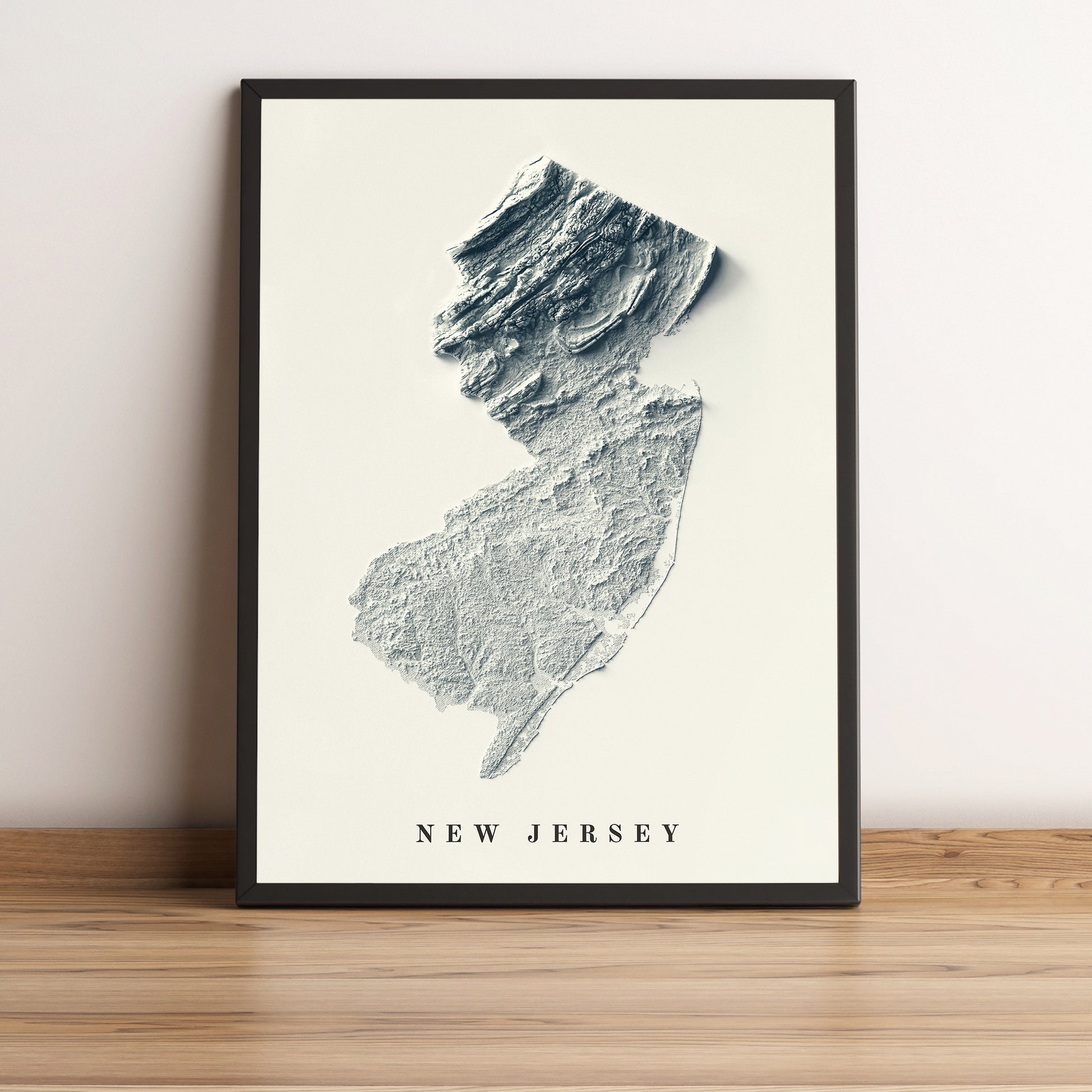 New Jersey (USA) framed shaded relief map in black frame. Artistic print highlighting mountains with a realistic terrain effect