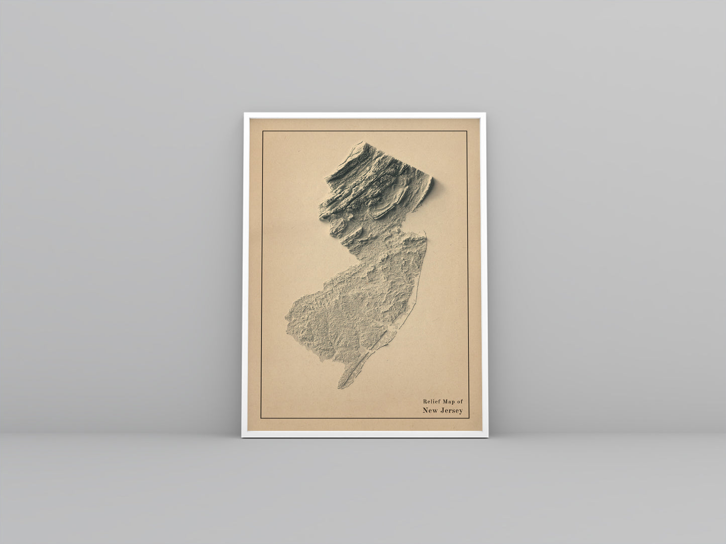 New Jersey (USA) vintage framed shaded relief map in white frame. Artistic print highlighting mountains with a realistic 3d effect
