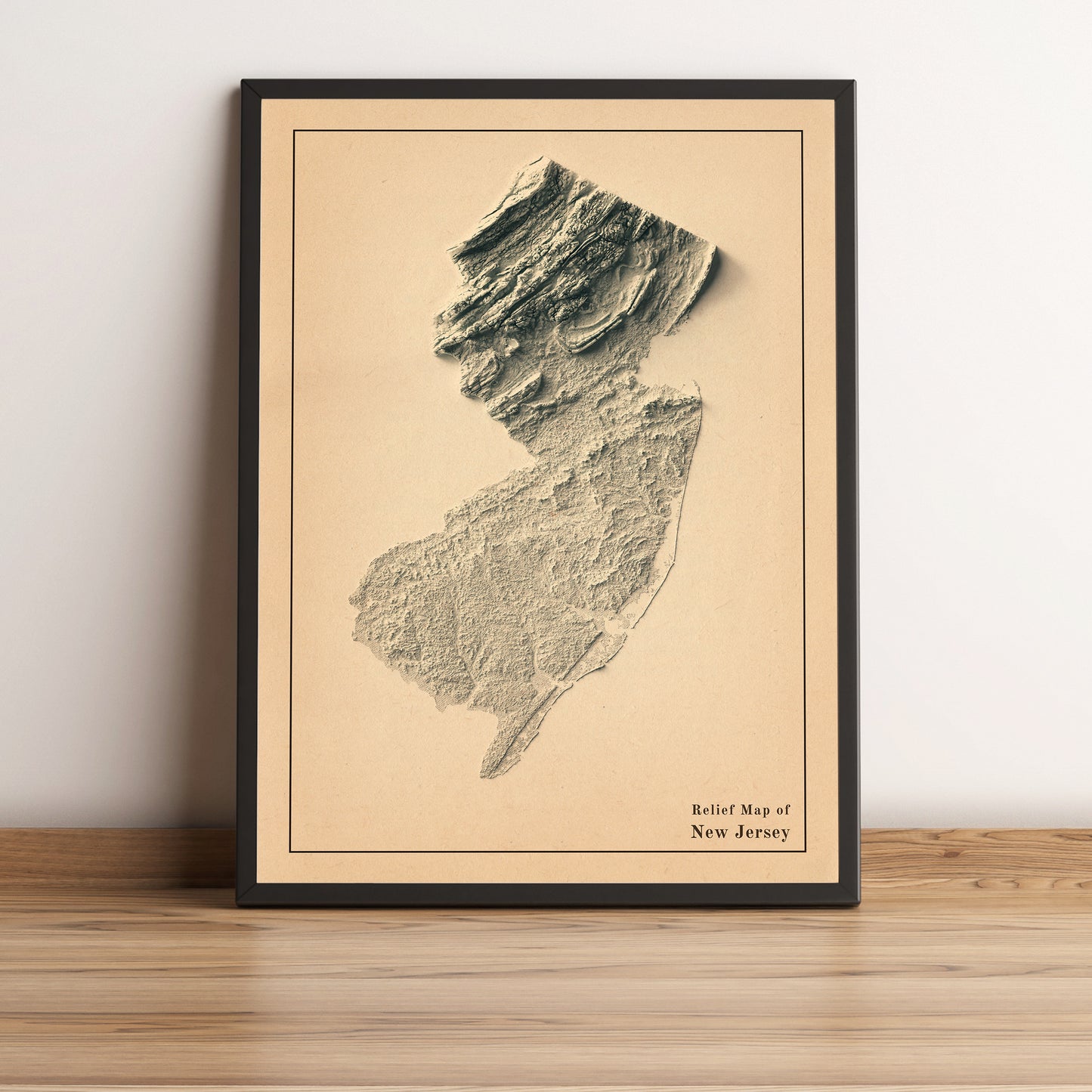 New Jersey (USA) vintage framed shaded relief map in black frame. Artistic print highlighting mountains with a realistic terrain effect
