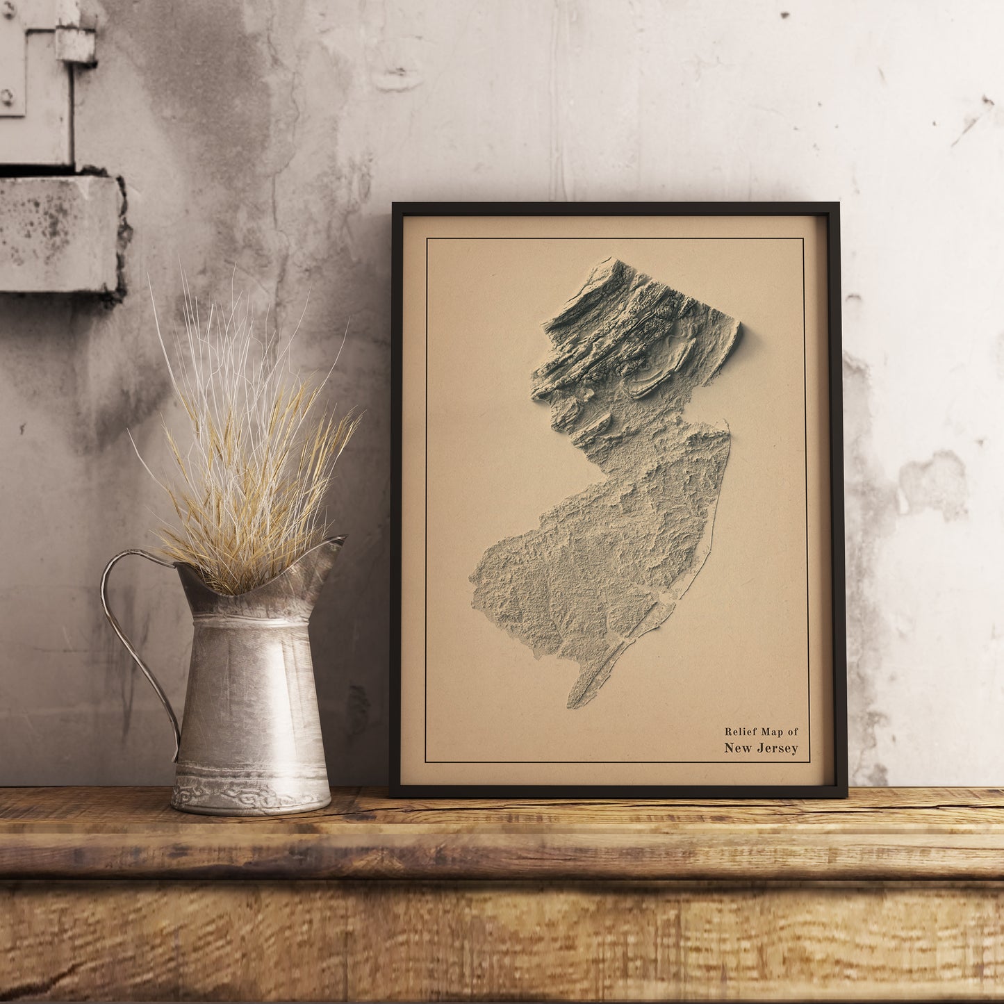 Vintage New Jersey (USA) shaded relief map in black frame. Realistic terrain art print for home decor, displayed on rustic wooden table