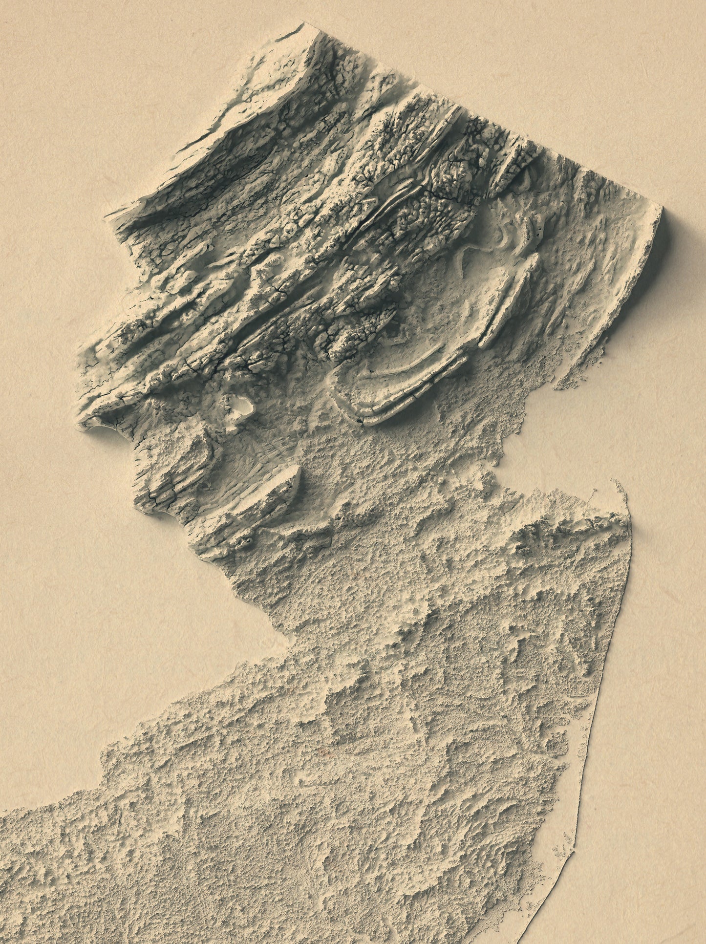 Detailed close-up of a vintage New Jersey (USA) relief map, showcasing textured topography and geographic contours