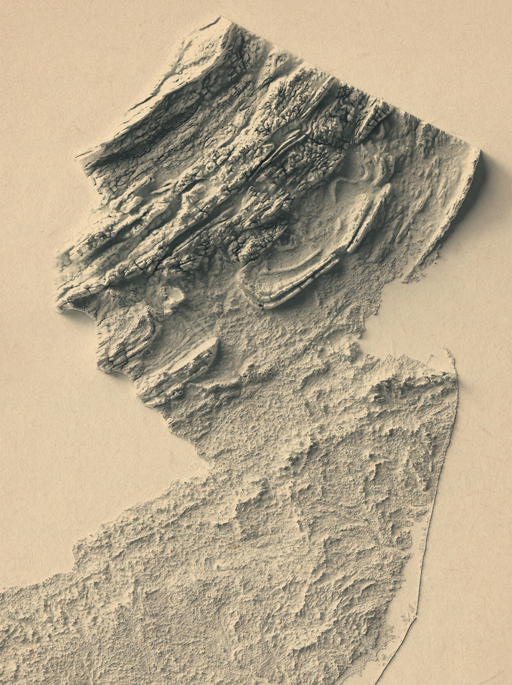 Detailed close-up of a vintage New Jersey (USA) relief map, showcasing textured topography and geographic contours