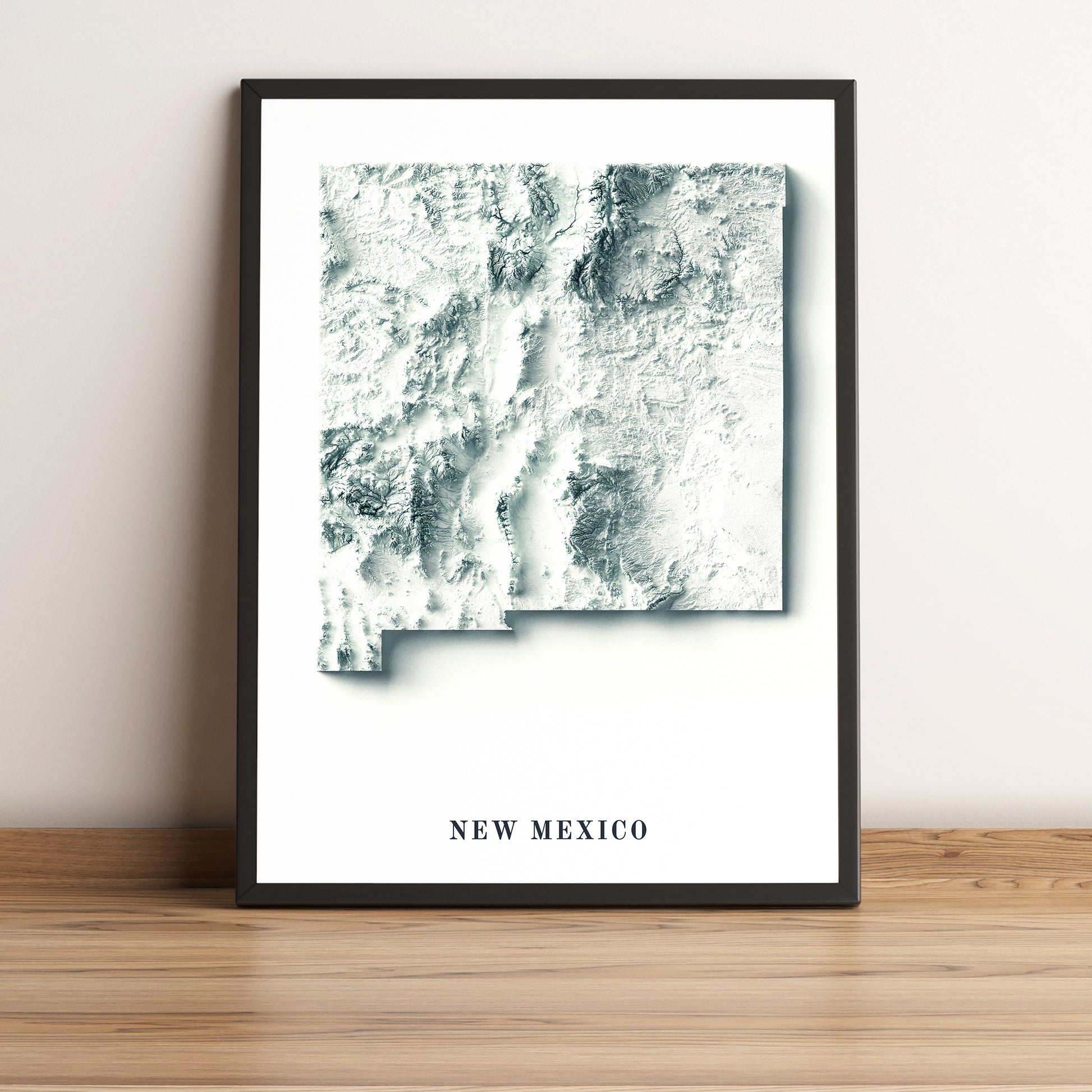 New Mexico (USA) framed shaded relief map in black frame. Artistic print highlighting mountains with a realistic terrain effect
