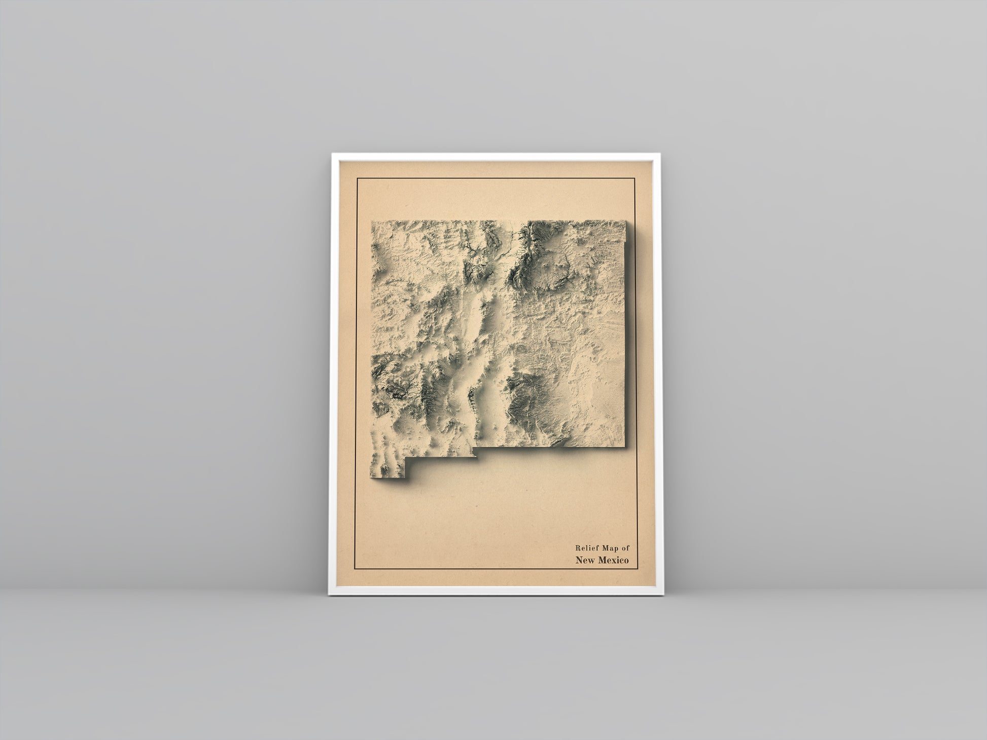 New Mexico (USA) vintage framed shaded relief map in white frame. Artistic print highlighting mountains with a realistic 3d effect