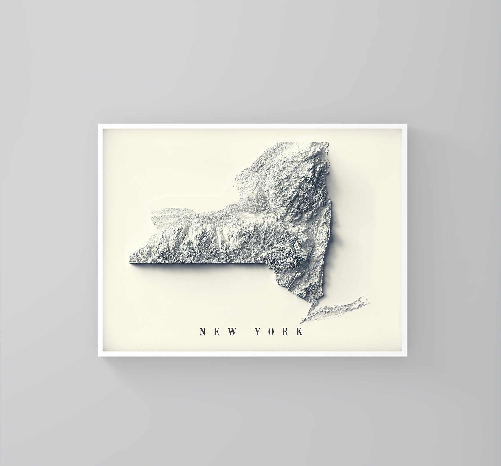 New York State (USA) vintage framed shaded relief map in white frame. Artistic print highlighting mountains with a realistic 3d effect