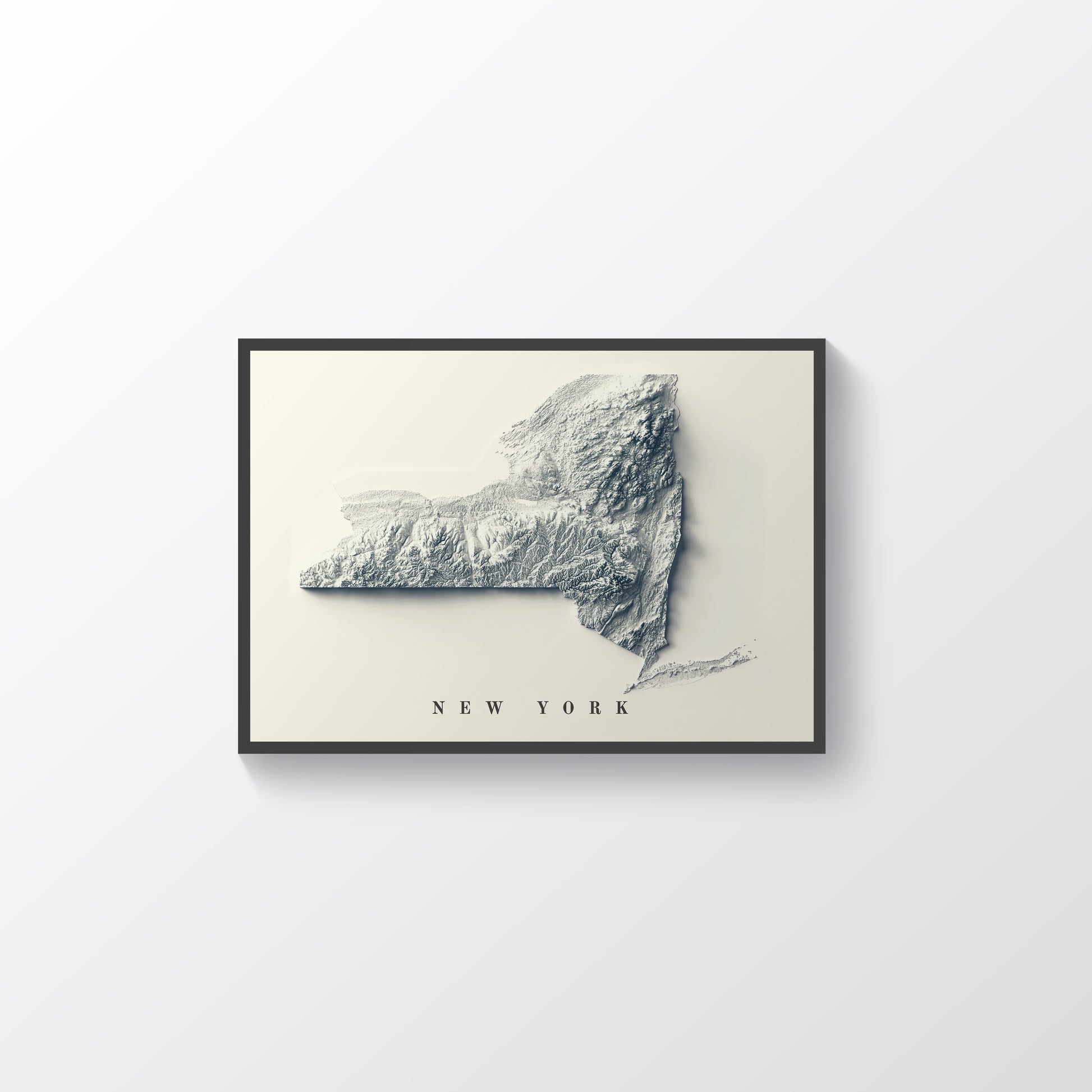 New York State vintage framed shaded relief map in black frame. Artistic print highlighting mountains with a realistic terrain effect