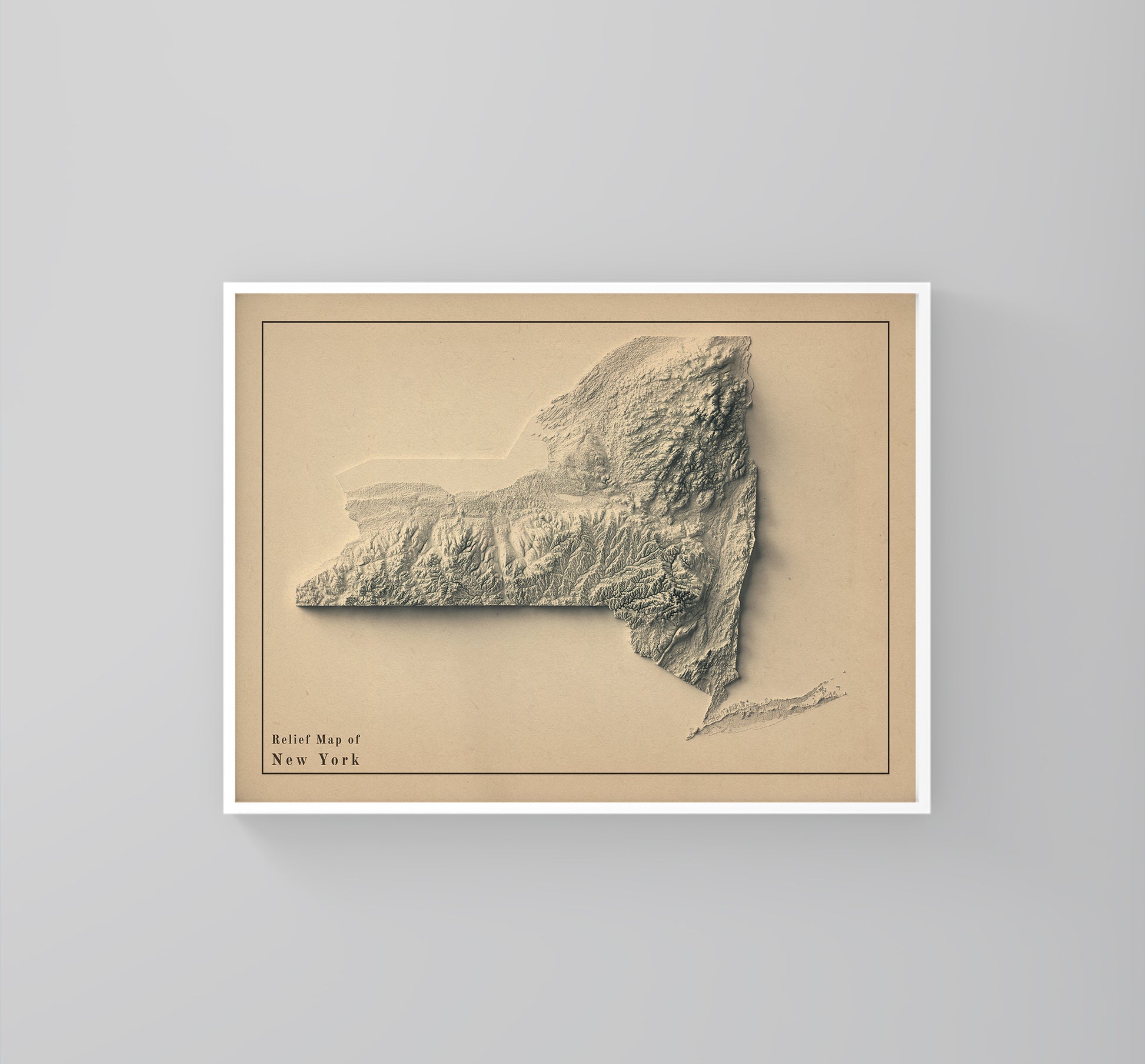 New York State (USA) vintage framed shaded relief map in white frame. Artistic print highlighting mountains with a realistic 3d effect