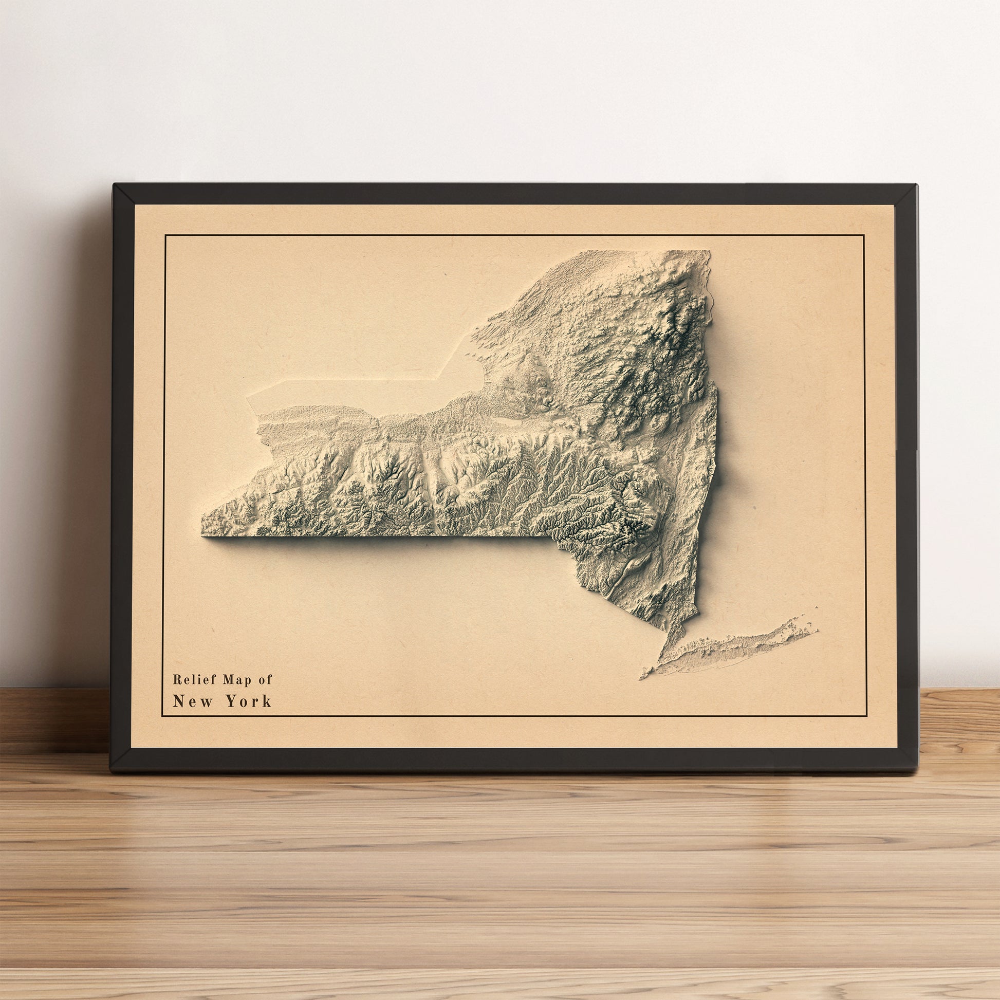 New York State vintage framed shaded relief map in black frame. Artistic print highlighting mountains with a realistic terrain effect