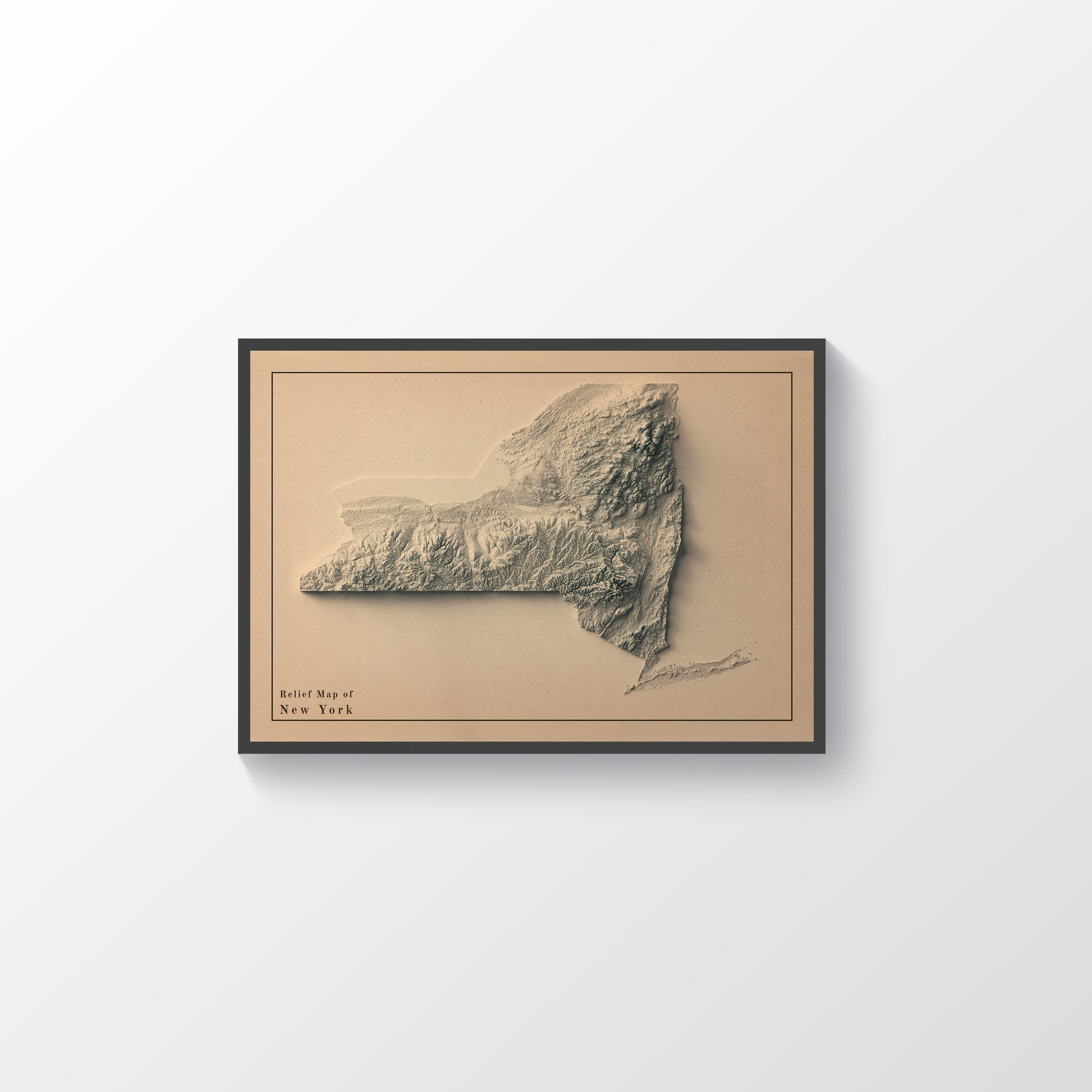 New York State vintage framed shaded relief map in black frame. Artistic print highlighting mountains with a realistic terrain effect