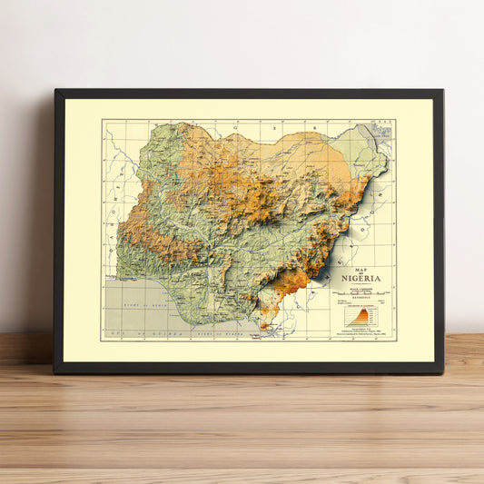 Nigeria vintage framed shaded relief map in black frame. Artistic print highlighting mountains with a realistic terrain effect