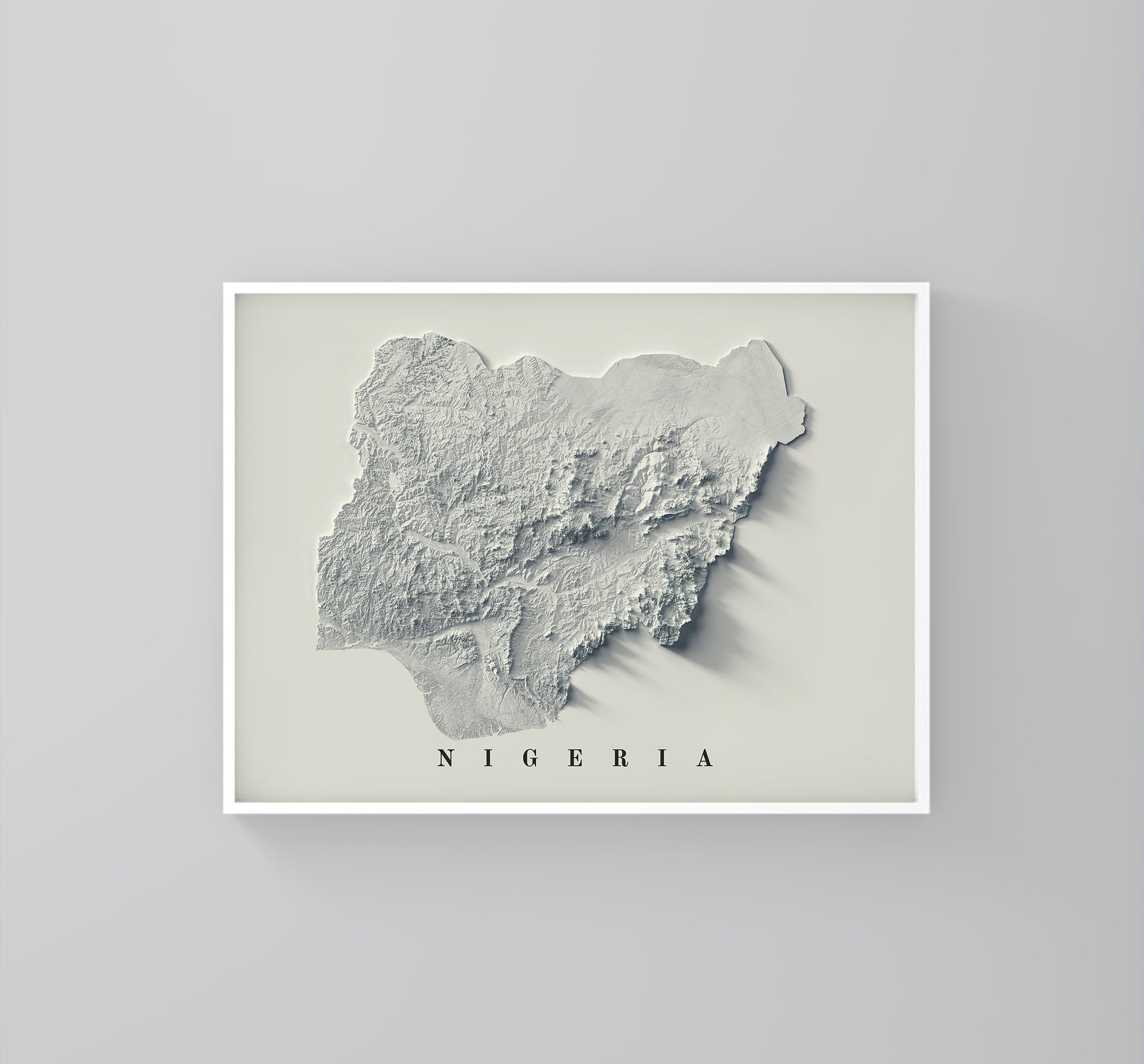 Nigeria vintage framed shaded relief map in white frame. Artistic print highlighting mountains with a realistic 3d effect