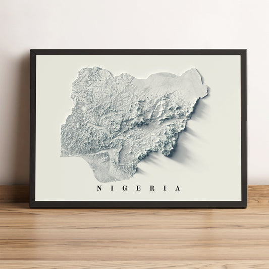 Nigeria framed shaded relief map in black frame. Artistic print highlighting mountains with a realistic terrain effect