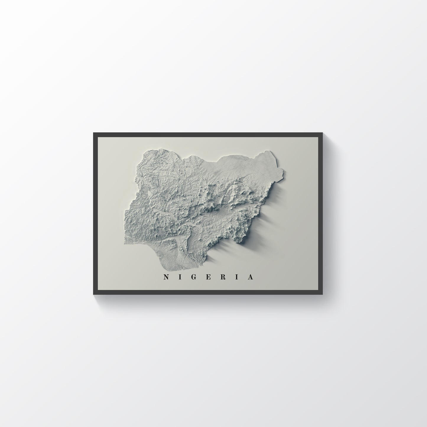 Nigeria framed shaded relief map in black frame. Artistic print highlighting mountains with a realistic terrain effect