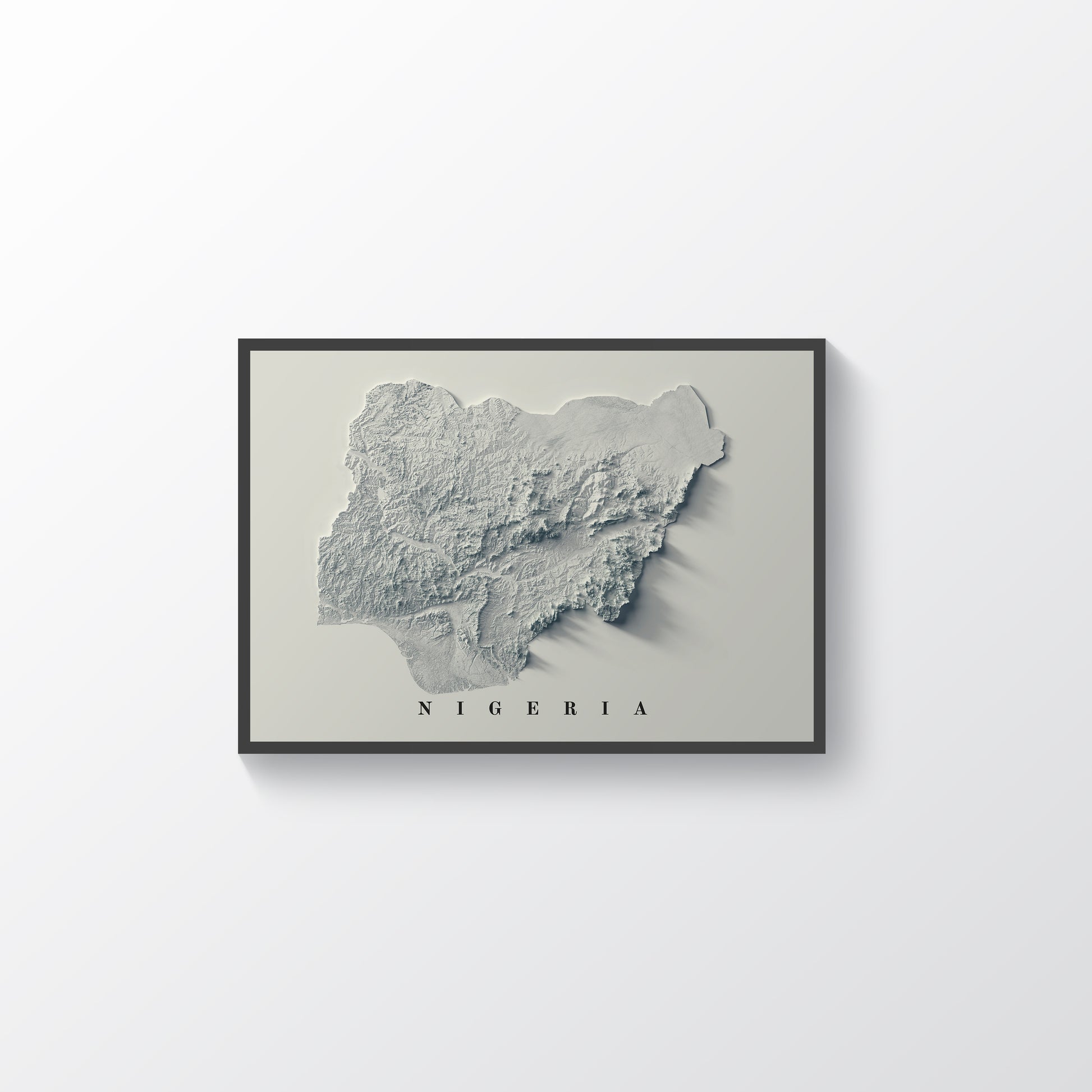 Nigeria framed shaded relief map in black frame. Artistic print highlighting mountains with a realistic terrain effect