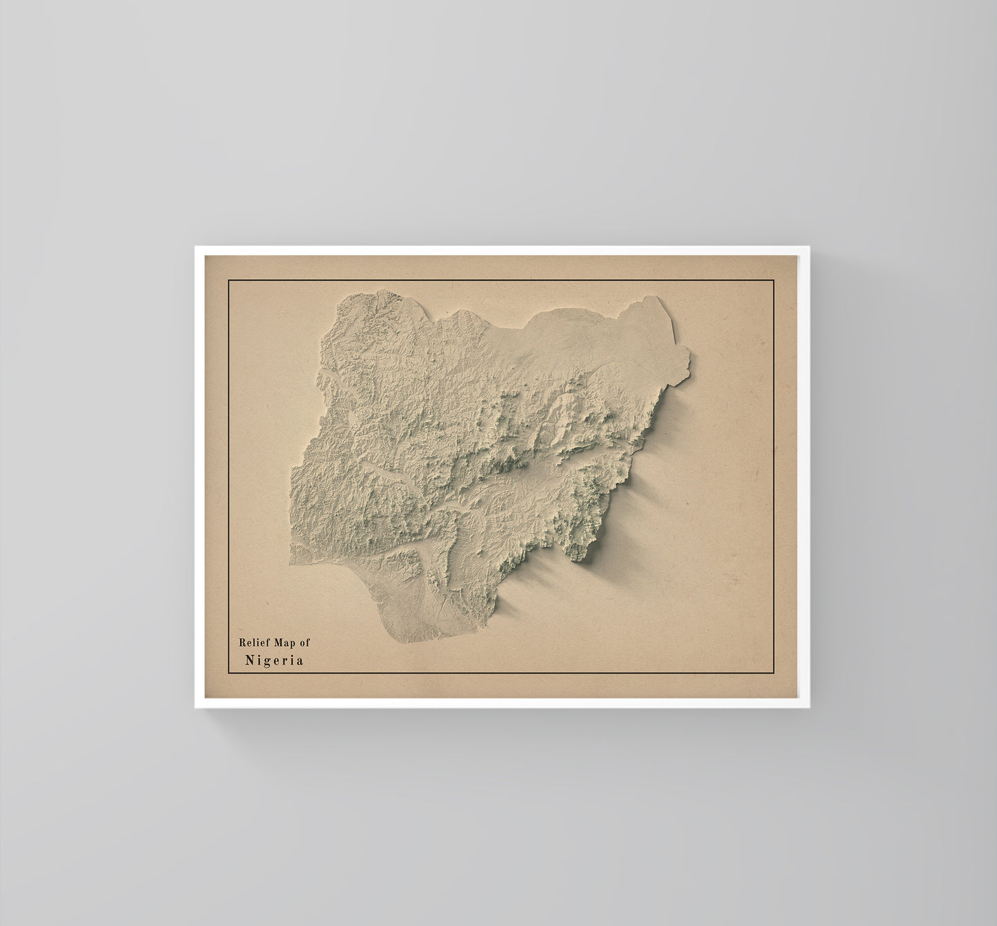 Nigeria vintage framed shaded relief map in white frame. Artistic print highlighting mountains with a realistic 3d effect