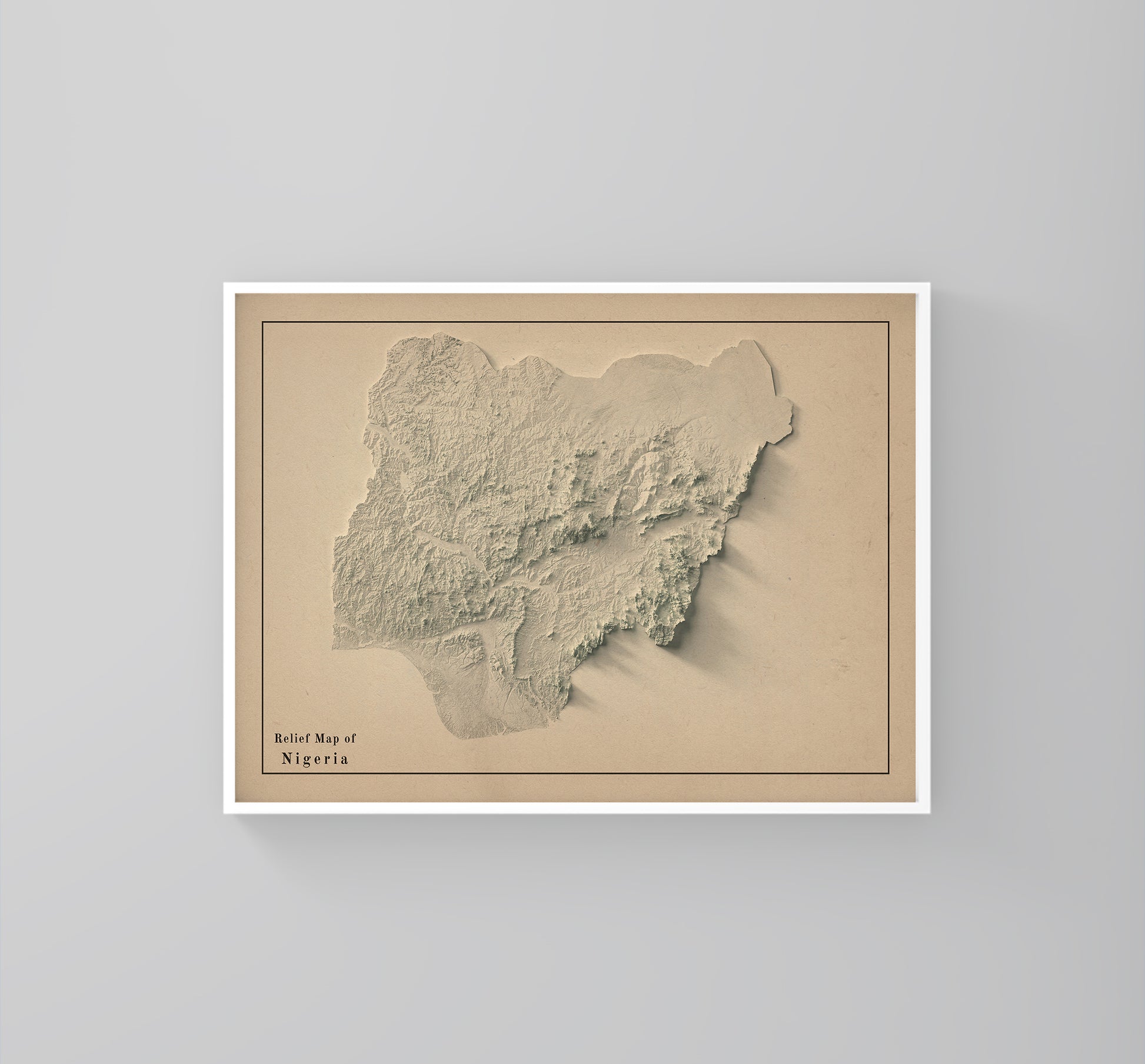Nigeria vintage framed shaded relief map in white frame. Artistic print highlighting mountains with a realistic 3d effect
