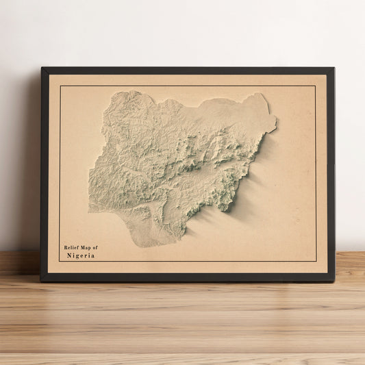 Nigeria vintage framed shaded relief map in black frame. Artistic print highlighting mountains with a realistic terrain effect