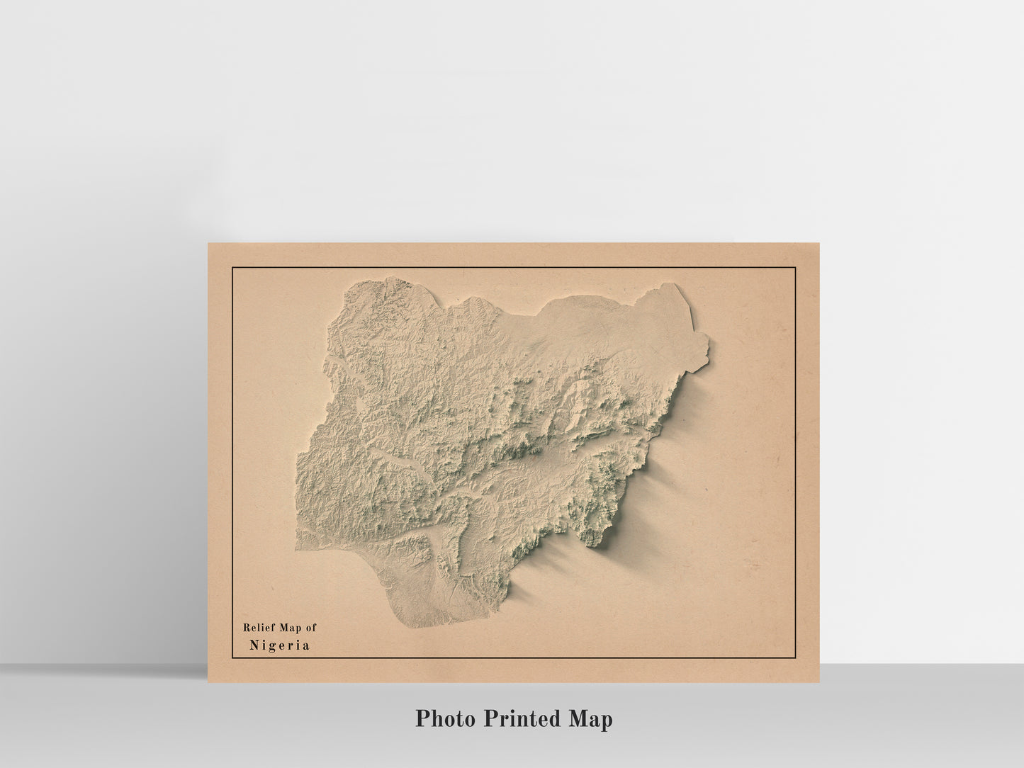 Nigeria Shaded relief map print, highlighting topography. Ideal for home decor and geography lovers