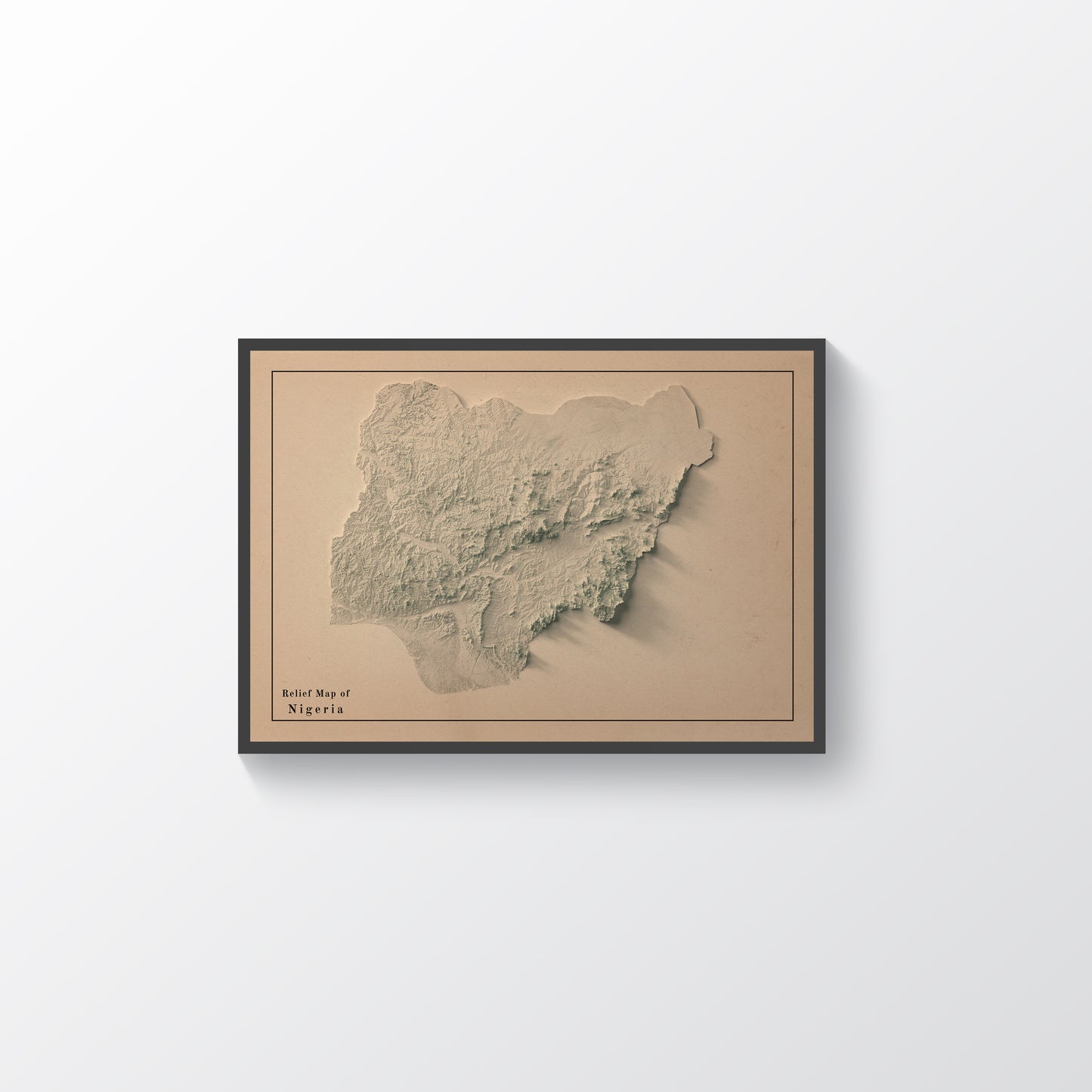 Nigeria vintage framed shaded relief map in black frame. Artistic print highlighting mountains with a realistic terrain effect