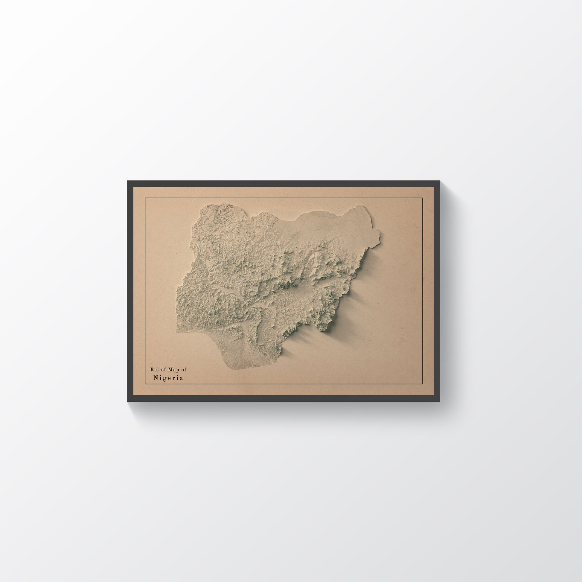 Nigeria vintage framed shaded relief map in black frame. Artistic print highlighting mountains with a realistic terrain effect