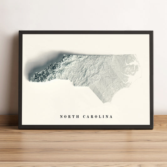 North Carolina (USA) framed shaded relief map in black frame. Artistic print highlighting mountains with a realistic terrain effect