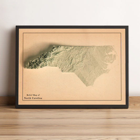 North Carolina (USA) vintage framed shaded relief map in black frame. Artistic print highlighting mountains with a realistic terrain effect