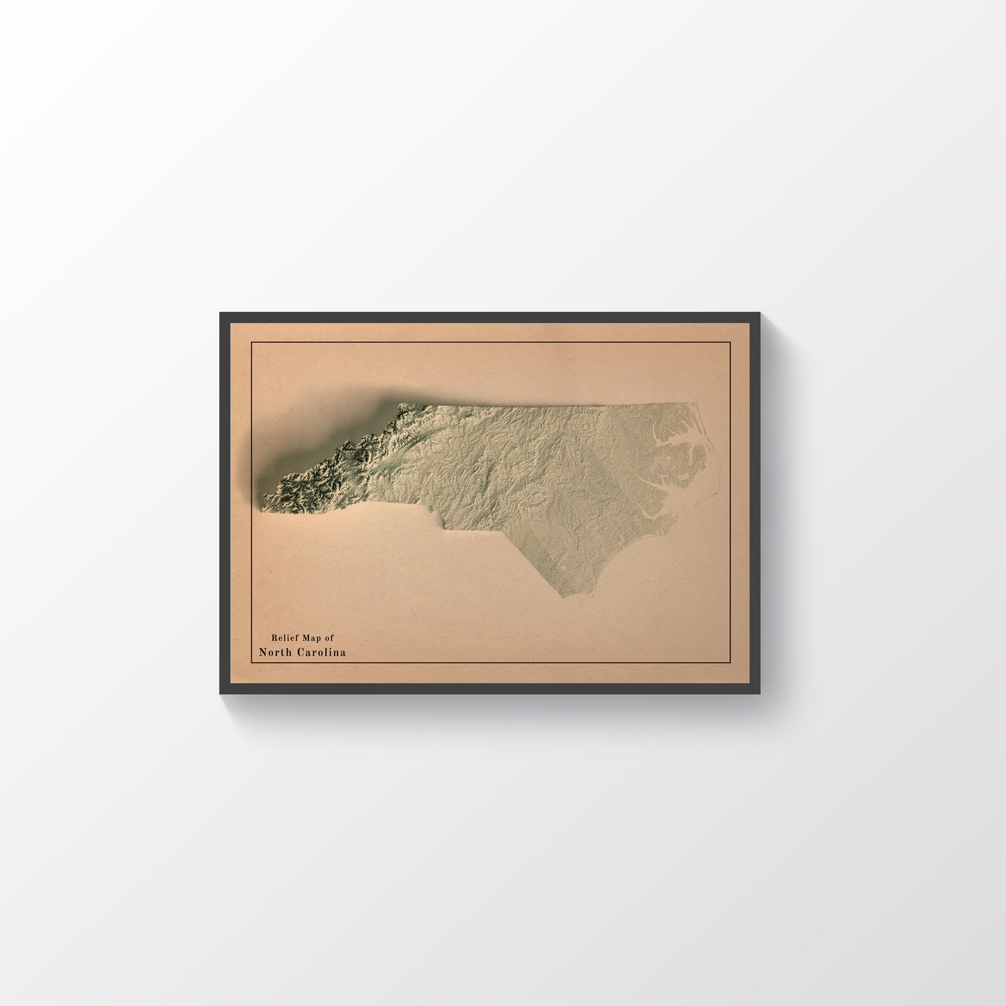 North Carolina (USA) vintage framed shaded relief map in black frame. Artistic print highlighting mountains with a realistic terrain effect