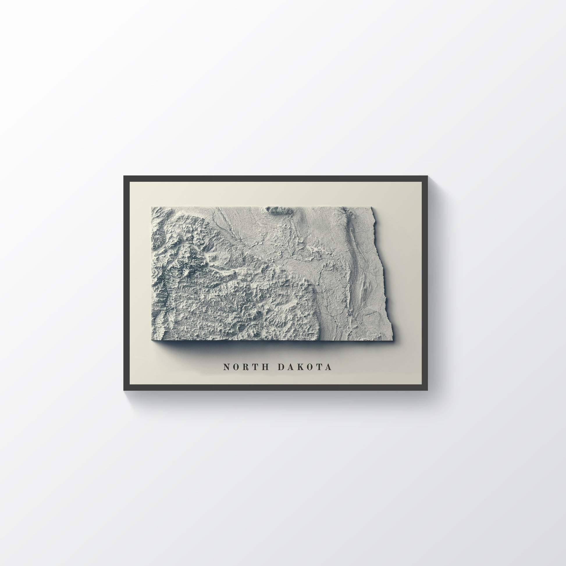 North Dakota (USA) vintage framed shaded relief map in black frame. Artistic print highlighting mountains with a realistic terrain effect