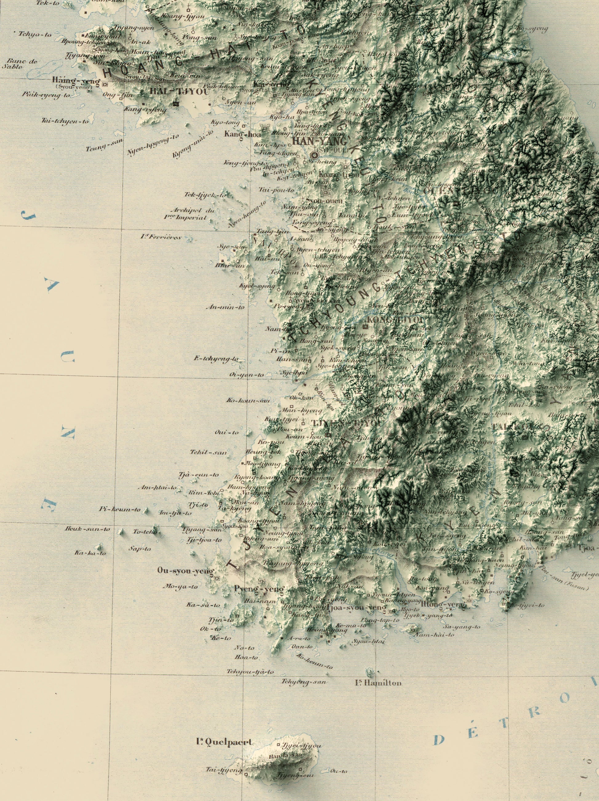 Detailed close-up of a vintage Koreas relief map, showcasing textured topography and geographic contours