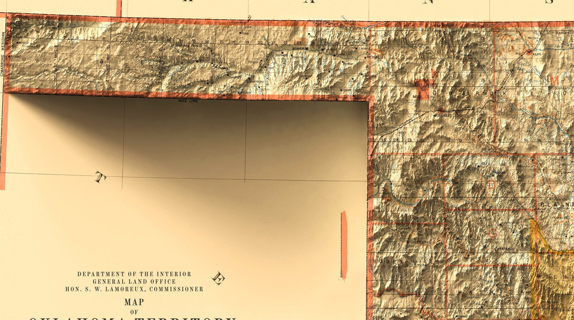 Detailed close-up of a vintage Oklahoma (USA) relief map, showcasing textured topography and geographic contours