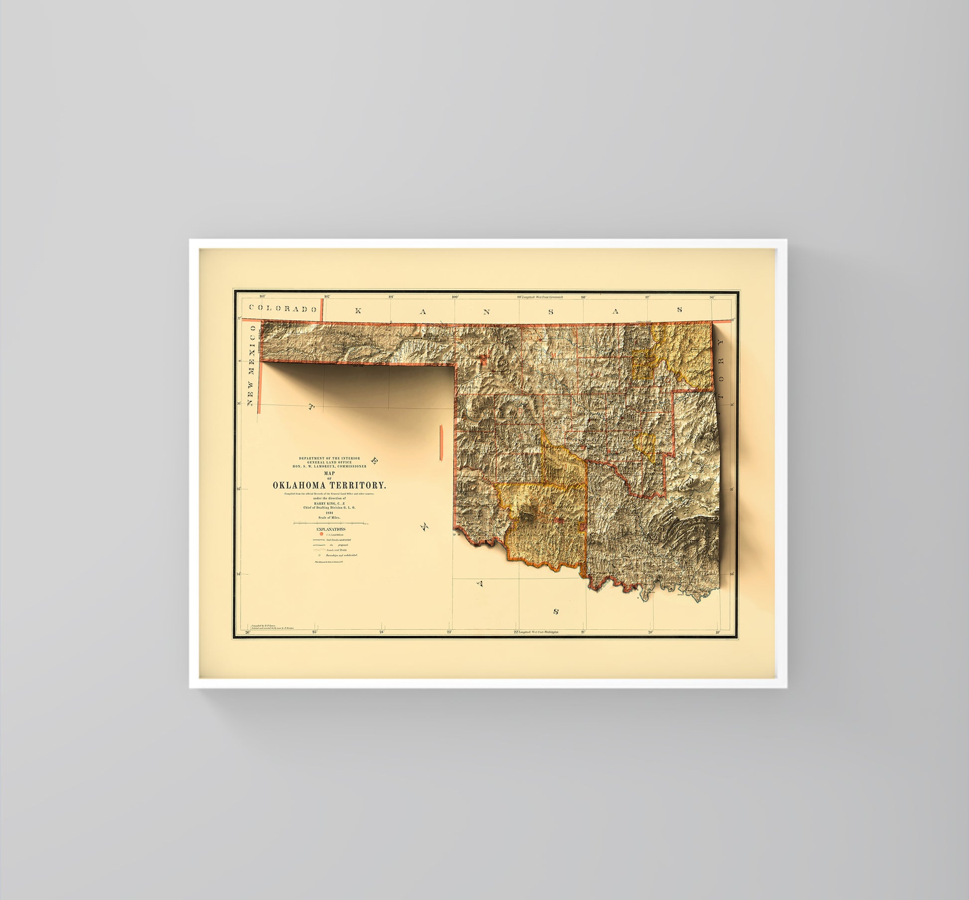 Ohio (USA) vintage framed shaded relief map in white frame. Artistic print highlighting mountains with a realistic 3d effect