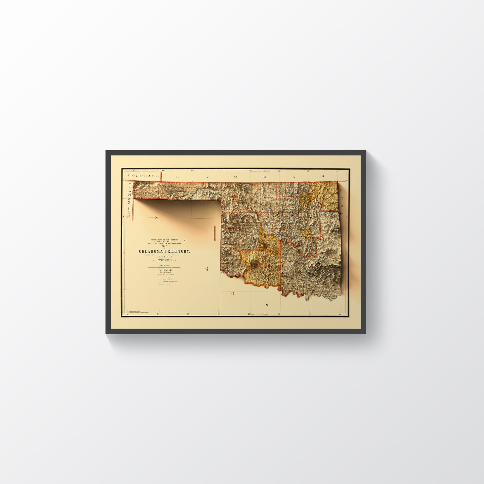 Oklahoma (USA) vintage framed shaded relief map in black frame. Artistic print highlighting mountains with a realistic terrain effect