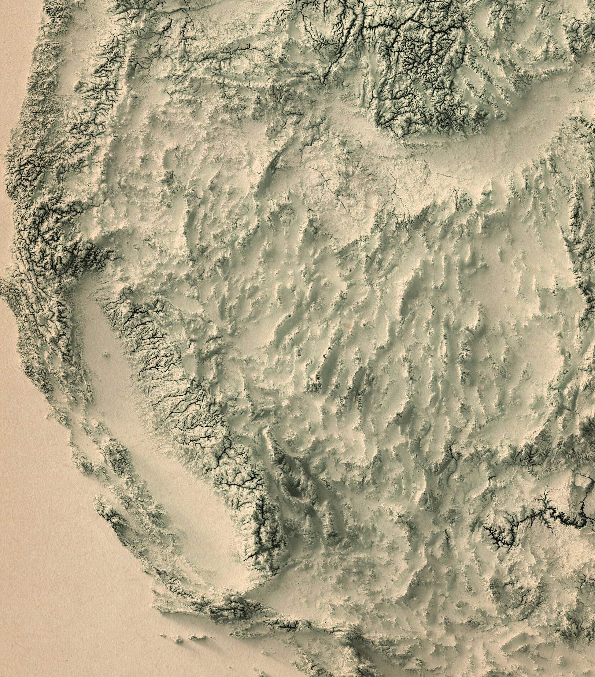 Detailed close-up of a vintage Western United States (USA) relief map, showcasing textured topography and geographic contours