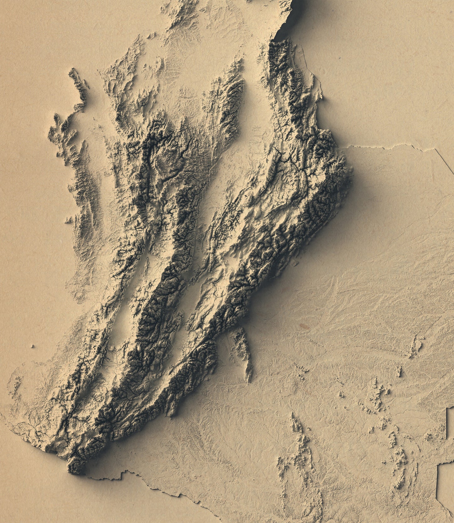 Detailed close-up of a Colombia relief map, showcasing textured topography and geographic contours