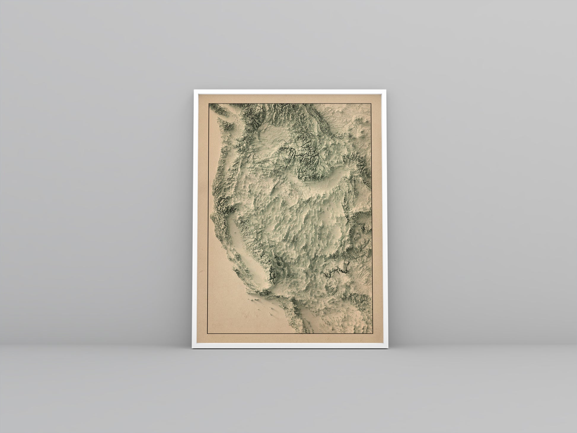 Western United States (USA) vintage framed shaded relief map in white frame. Artistic print highlighting mountains with a realistic 3d effect