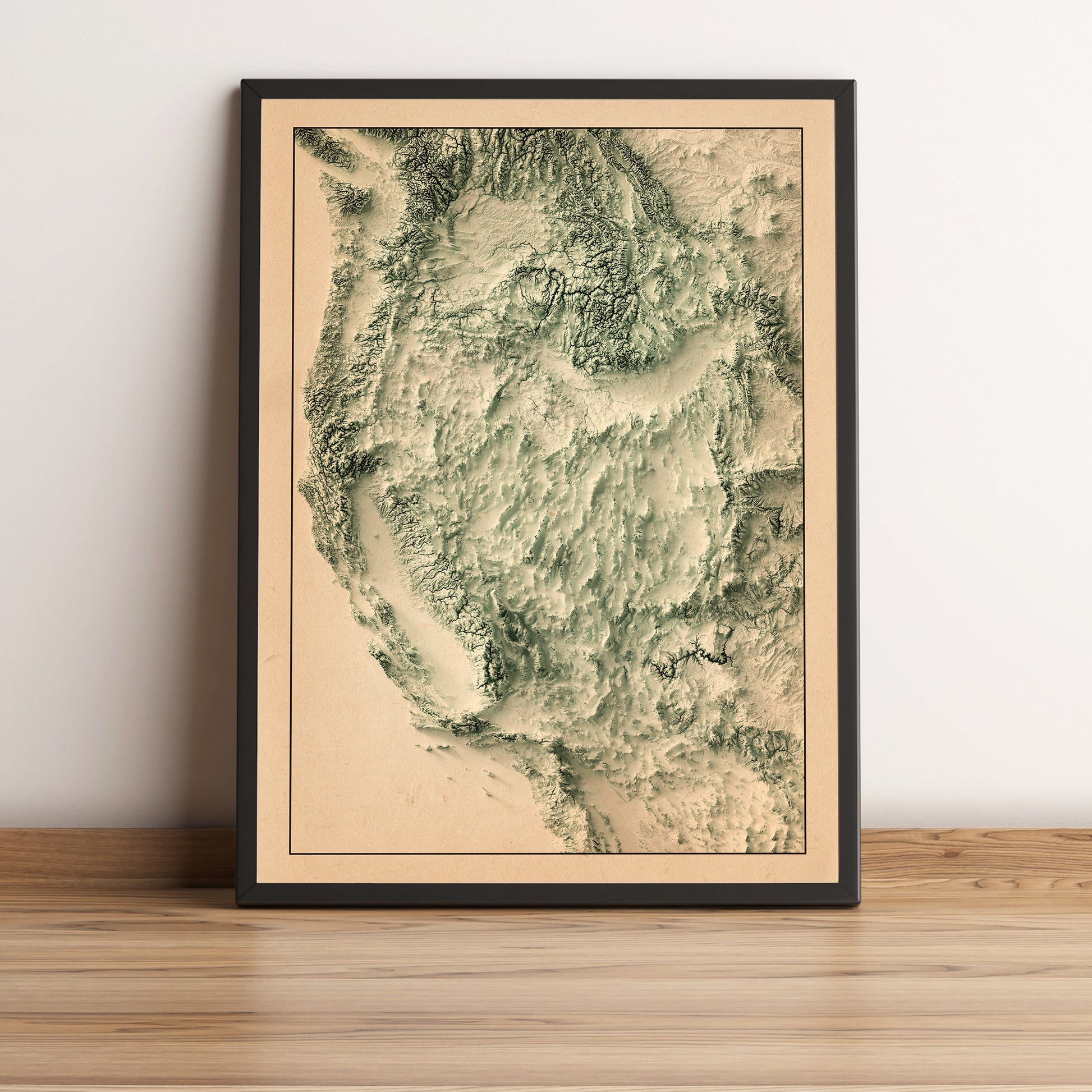 Western United States (USA) vintage framed shaded relief map in black frame. Artistic print highlighting mountains with a realistic terrain effect