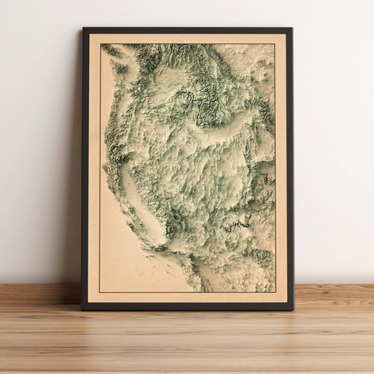 Western United States (USA) vintage framed shaded relief map in black frame. Artistic print highlighting mountains with a realistic terrain effect